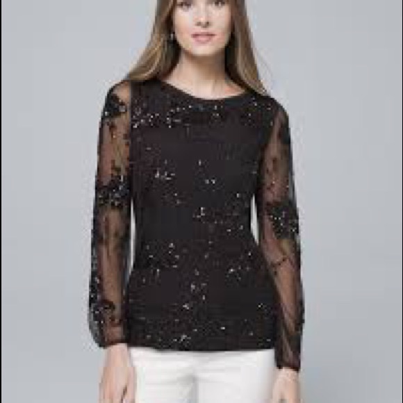 WHBM SEQUINED FLOWER BLOUSE - DNU Size XS Black - Picture 2 of 11